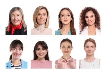 Image of Photos of different women for passport or other identification document on white background, set