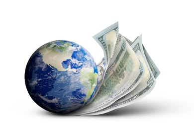 Image of Money exchange concept. Earth planet and dollar bills on white background