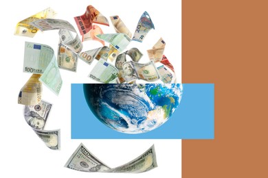 Image of Money exchange concept. Banknotes flying out from Earth planet on color background