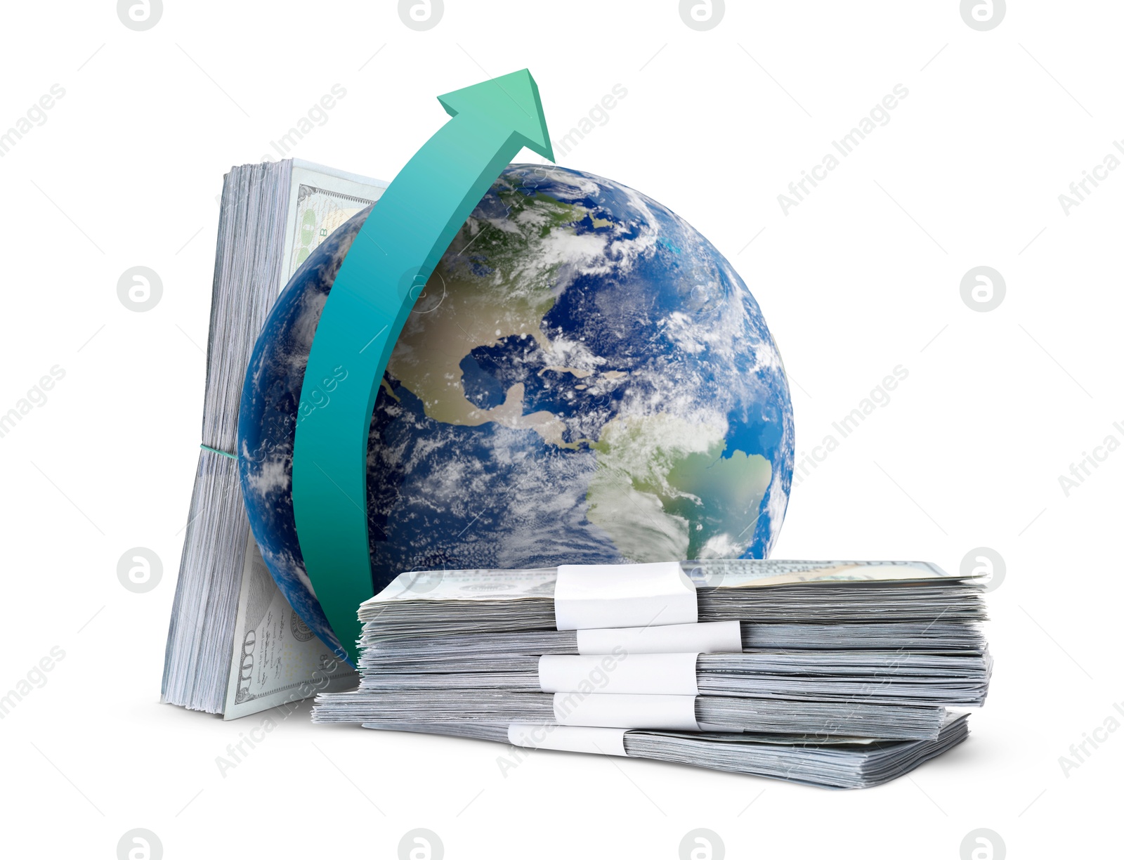 Money exchange concept. Earth planet with arrow and bundles of dollar banknotes on white background Image of Money exchange concept. Earth planet with arrow and bundles of dollar banknotes on white background