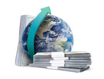 Image of Money exchange concept. Earth planet with arrow and bundles of dollar banknotes on white background