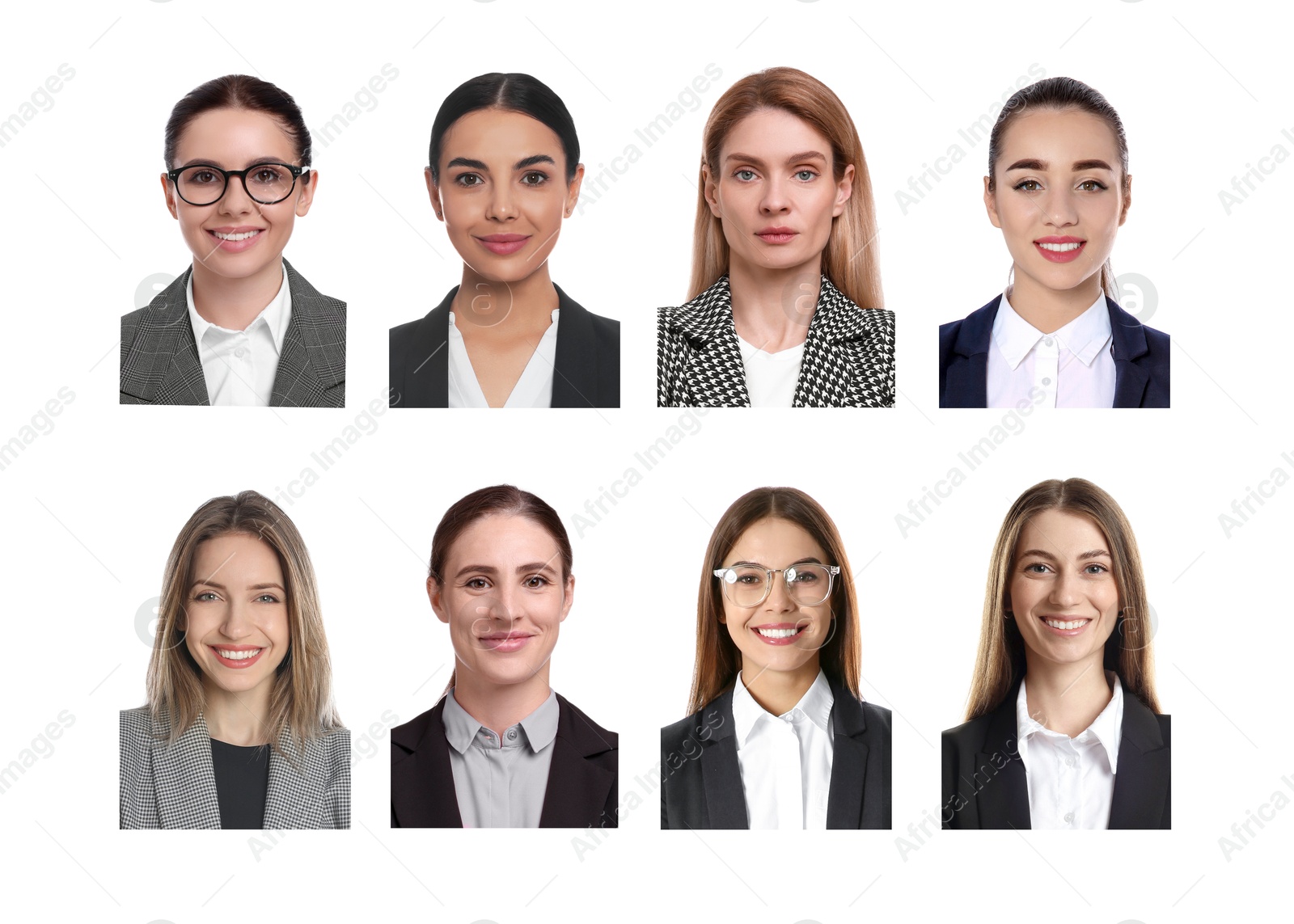 Image of Photos of different women for passport or other identification document on white background, set