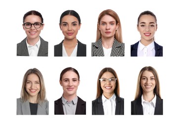 Image of Photos of different women for passport or other identification document on white background, set