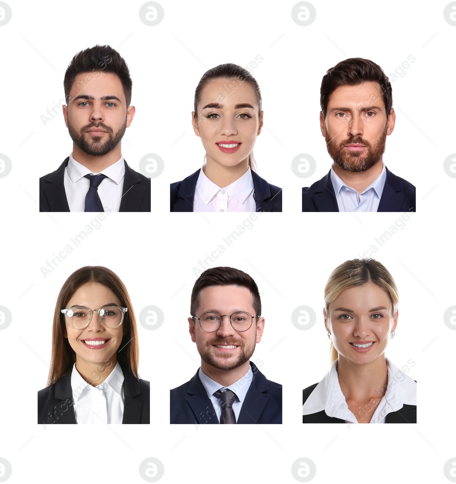 Photos of different people for passport or other identification document on white background, set Image of Photos of different people for passport or other identification document on white background, set