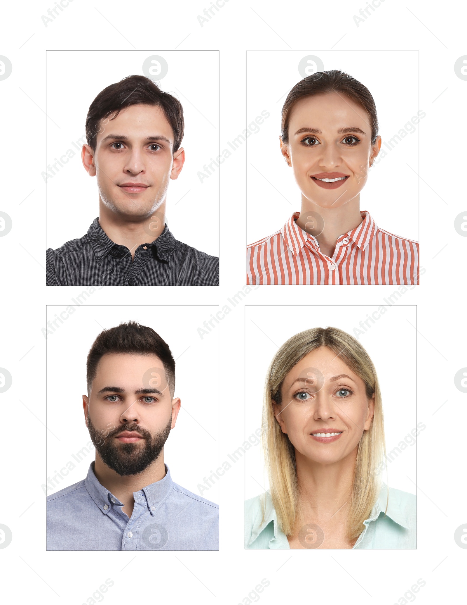 Photos of different people for passport or other identification document on white background, set Image of Photos of different people for passport or other identification document on white background, set