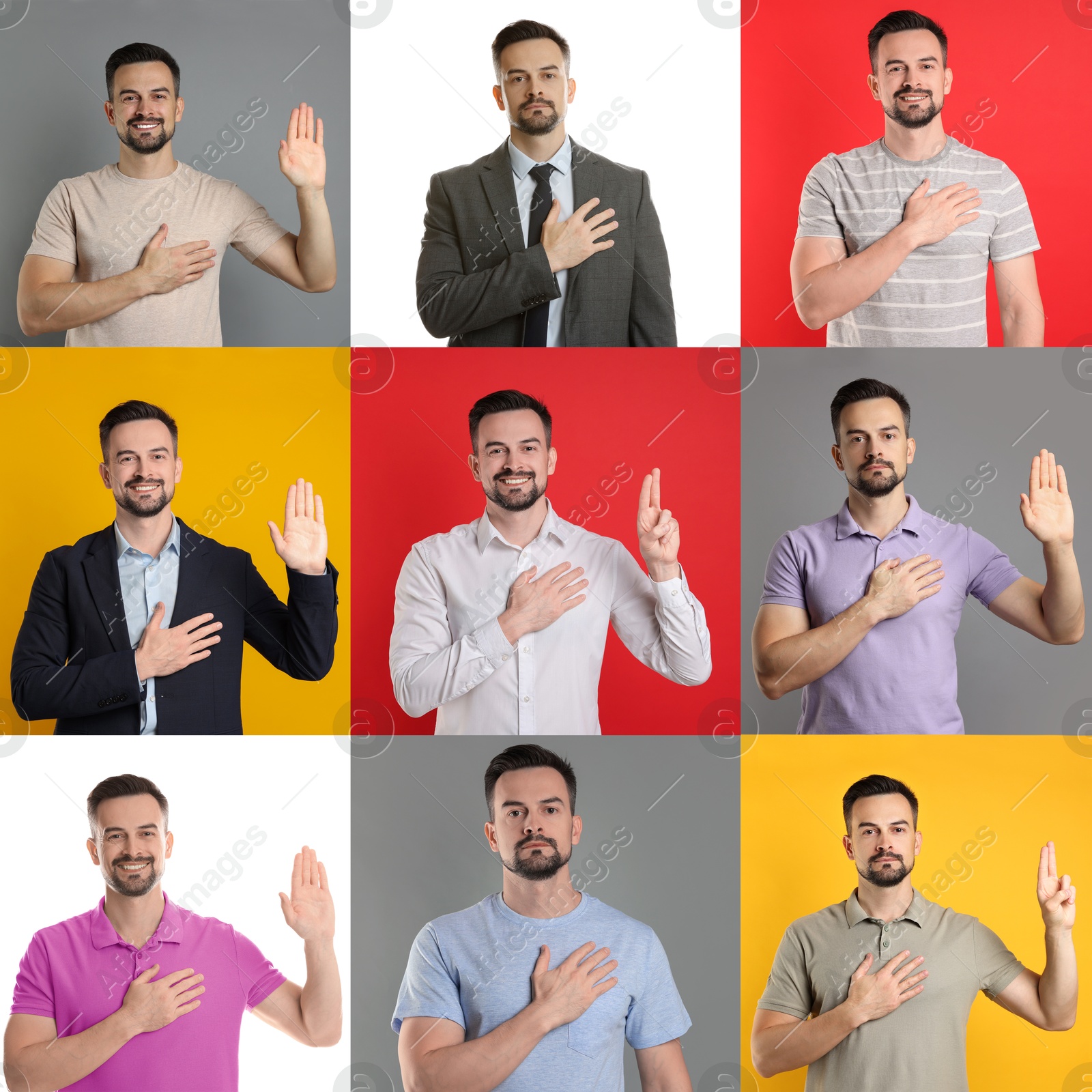Man showing different oath gestures on color backgrounds, collection of photos Image of Man showing different oath gestures on color backgrounds, collection of photos