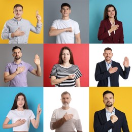 Image of People making promise on different color backgrounds, collage. Oath gesture