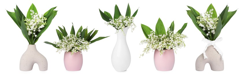 Image of Aromatic bouquets of lily of the valley flowers in different vases isolated on white, collage