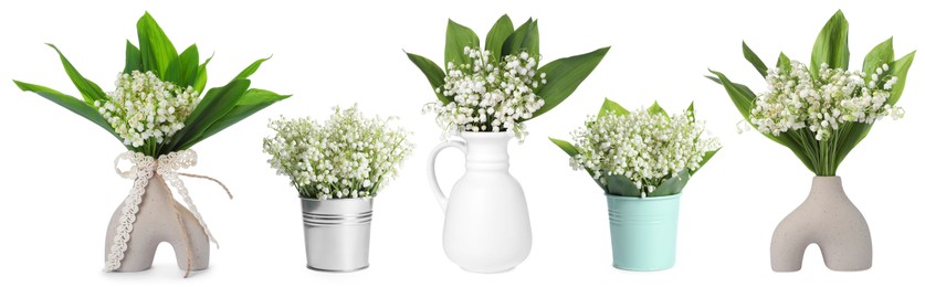 Image of Aromatic bouquets of lily of the valley flowers in different vases isolated on white, collage