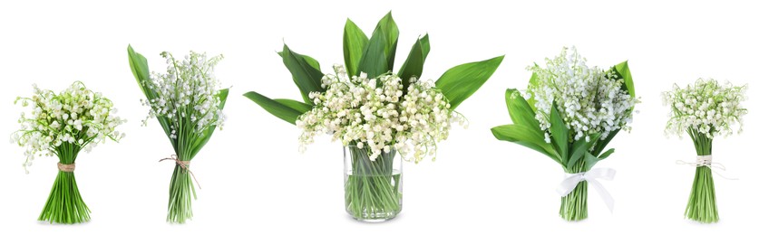 Image of Aromatic bouquets of lily of the valley flowers isolated on white, collage