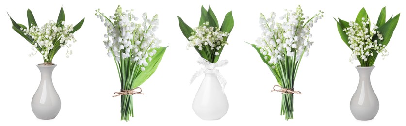Image of Aromatic bouquets of lily of the valley flowers isolated on white, collage