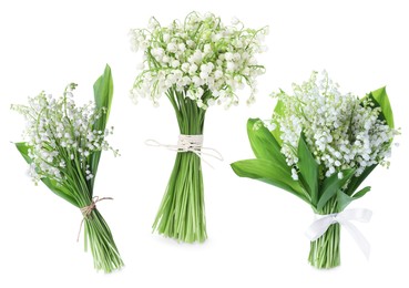 Image of Aromatic bouquets of lily of the valley flowers isolated on white, collage