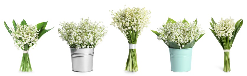 Image of Aromatic bouquets of lily of the valley flowers isolated on white, collage