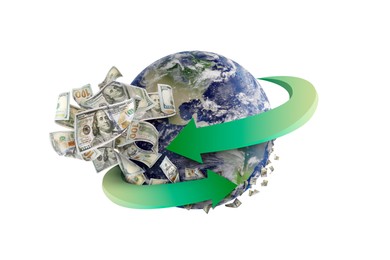 Image of Money exchange concept. Earth planet with green arrows and dollar bills on white background