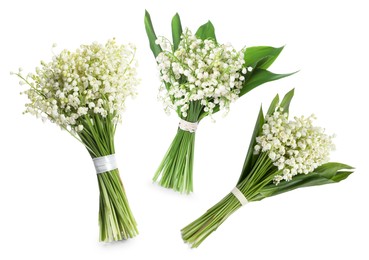 Image of Aromatic bouquets of lily of the valley flowers isolated on white, collage