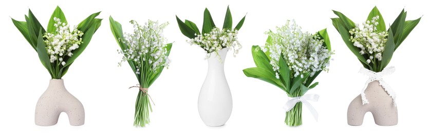 Image of Aromatic bouquets of lily of the valley flowers isolated on white, collage