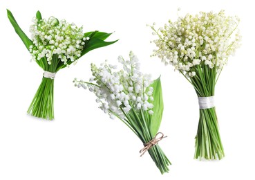 Image of Aromatic bouquets of lily of the valley flowers isolated on white, collage