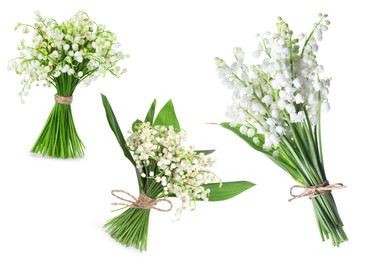 Image of Aromatic bouquets of lily of the valley flowers isolated on white, collage