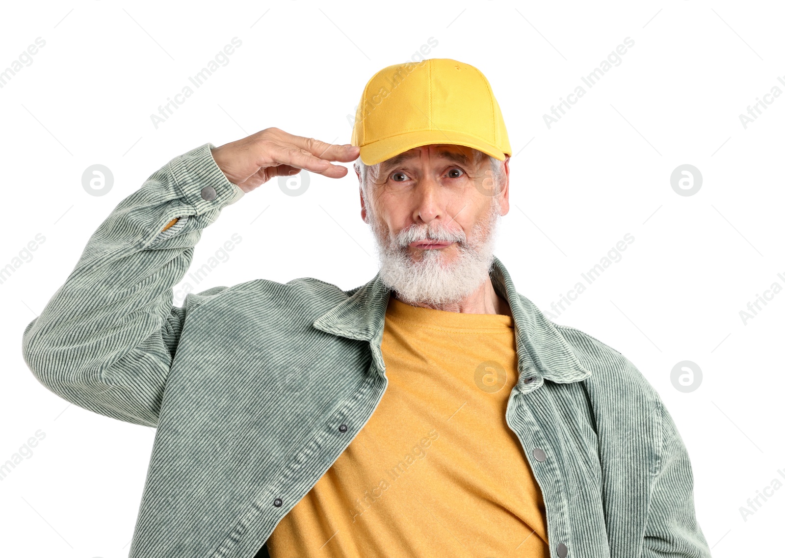 Elderly man in stylish outfit on white background Photo of Elderly man in stylish outfit on white background