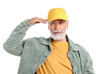 Photo of Elderly man in stylish outfit on white background