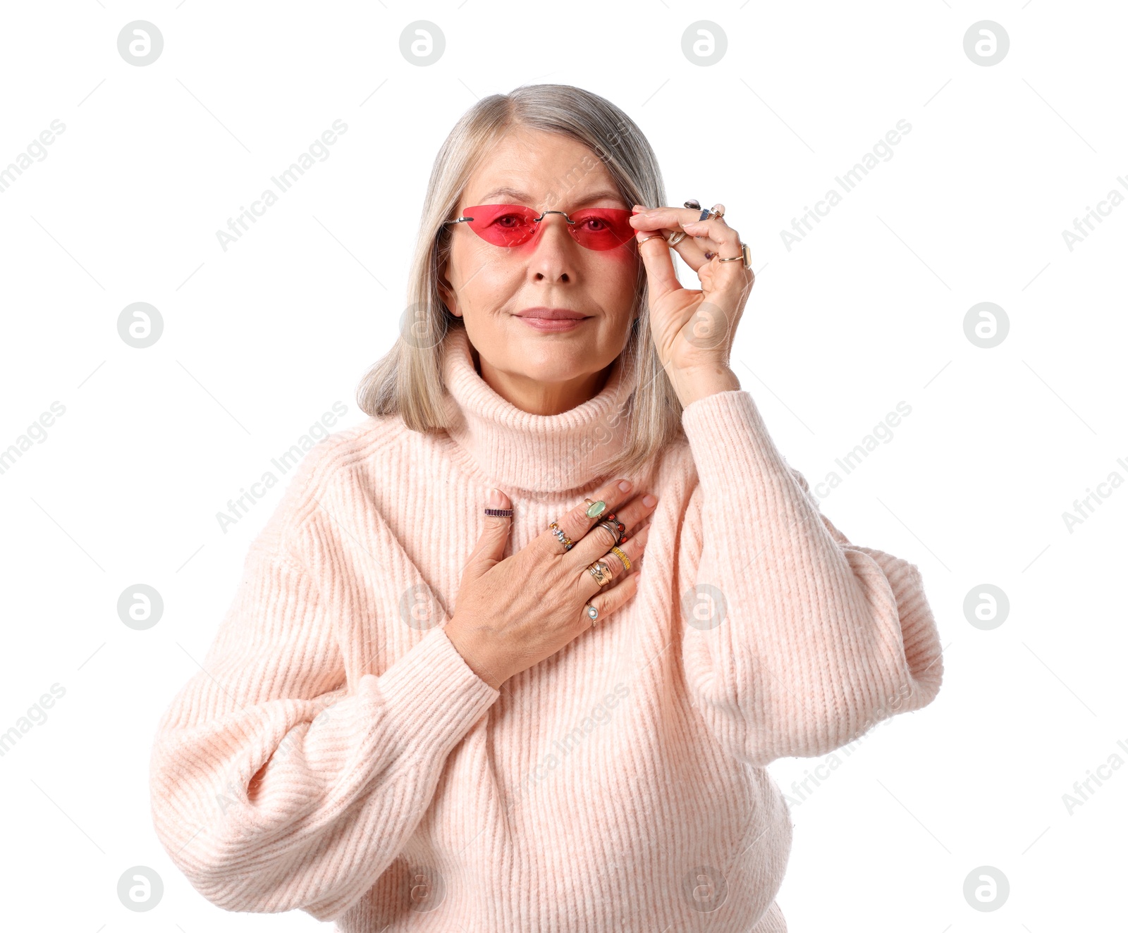 Photo of Senior woman wearing different rings and sunglasses on white background