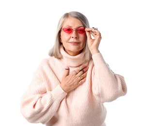 Photo of Senior woman wearing different rings and sunglasses on white background