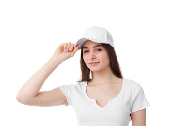 Photo of Young woman wearing stylish baseball hat on white background