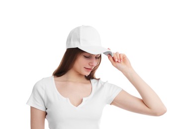 Photo of Young woman wearing stylish baseball hat on white background