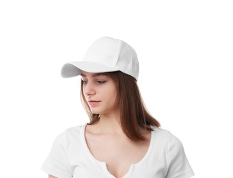 Photo of Young woman wearing stylish baseball hat on white background
