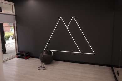 Photo of Dumbbells, step platform and fitness ball in studio