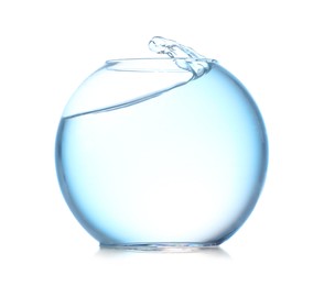 Photo of Glass aquarium with splashing water isolated on white