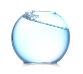 Photo of Glass aquarium with splashing water isolated on white