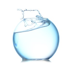 Photo of Glass aquarium with splashing water isolated on white