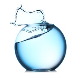 Photo of Glass aquarium with splashing water isolated on white