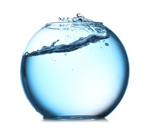 Photo of Glass aquarium with splashing water isolated on white