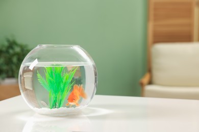 Photo of Gold fish swimming in aquarium with clean water on white table indoors, space for text