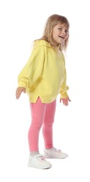 Photo of Happy little dancer posing on white background