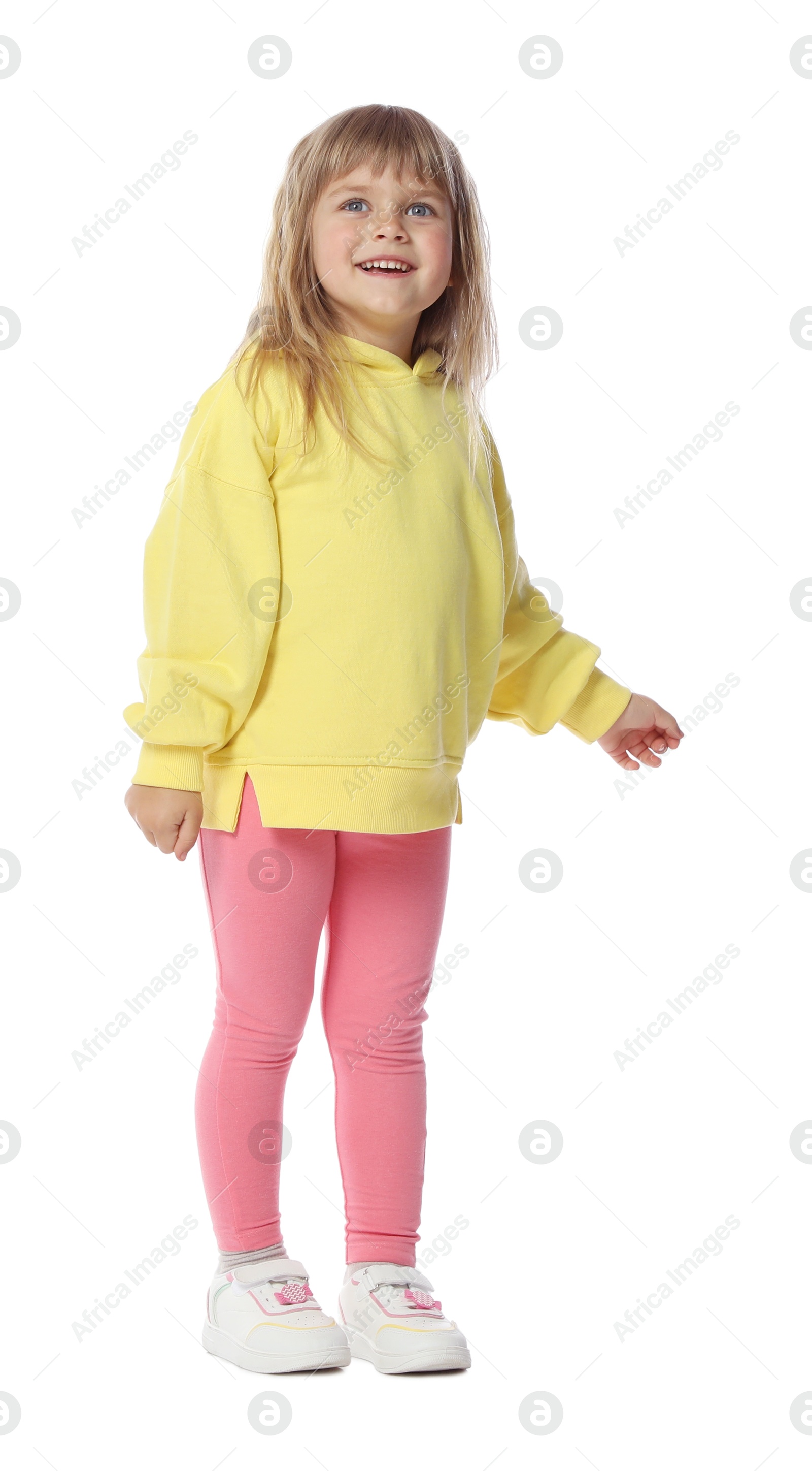 Happy little dancer posing on white background Photo of Happy little dancer posing on white background