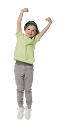 Photo of Happy little boy in baseball hat dancing on white background