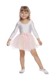 Photo of Cute little dancer in tutu skirt on white background