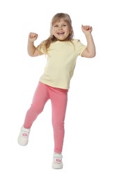 Photo of Happy little girl dancing on white background