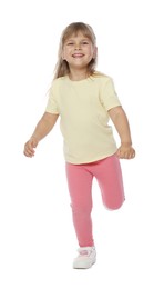 Photo of Happy little girl dancing on white background