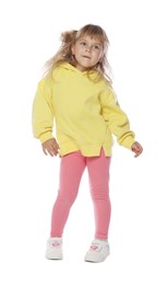 Photo of Cute little girl dancing on white background