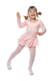 Photo of Cute little girl dancing on white background