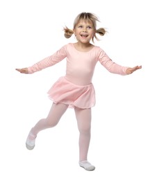 Photo of Cute little girl dancing on white background