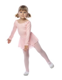 Photo of Cute little girl dancing on white background