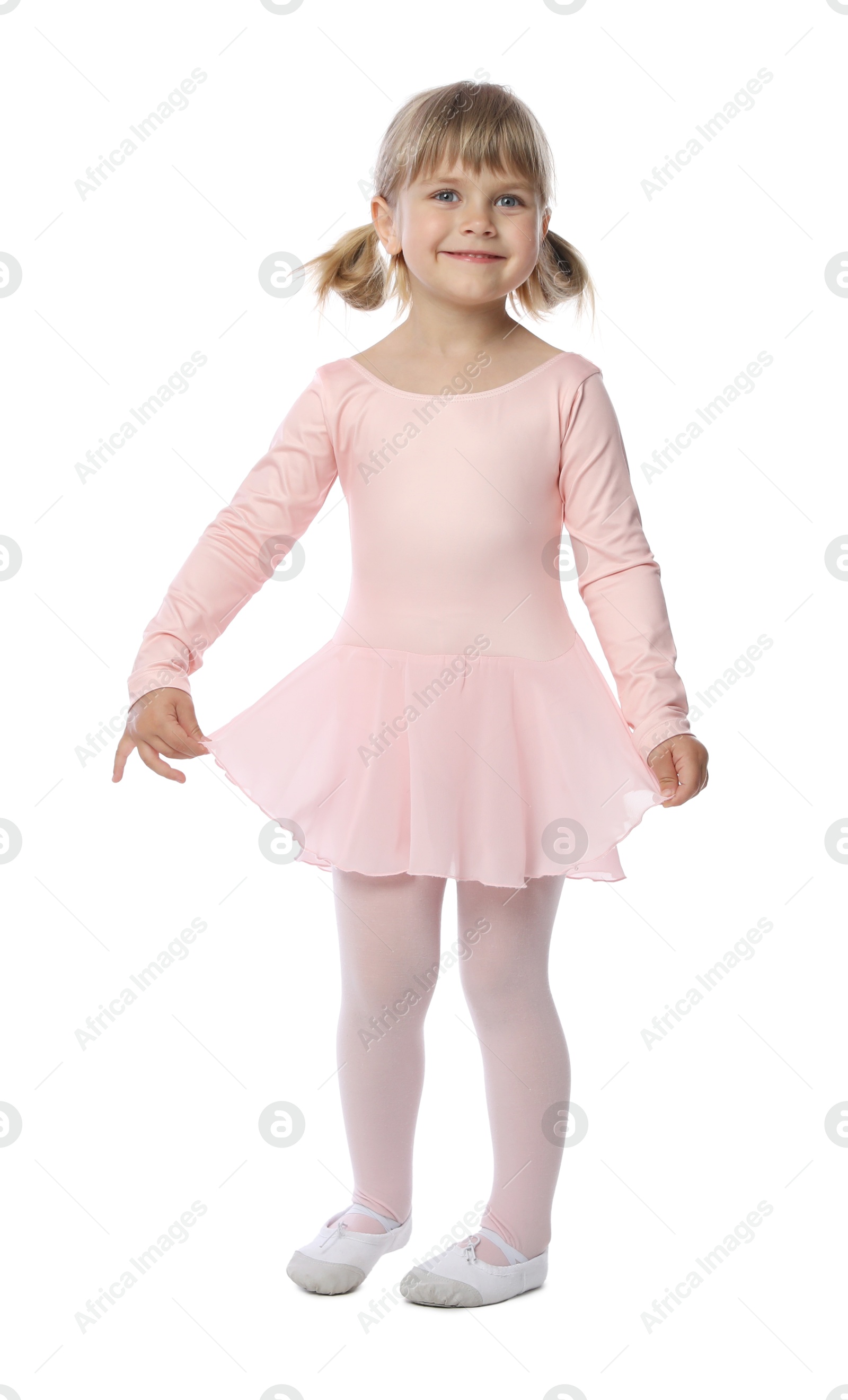 Photo of Cute little girl dancing on white background