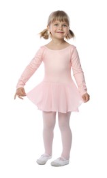Photo of Cute little girl dancing on white background