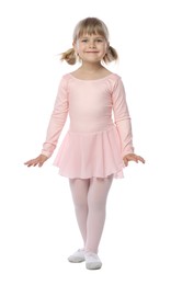 Photo of Cute little girl dancing on white background