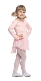Photo of Cute little girl dancing on white background